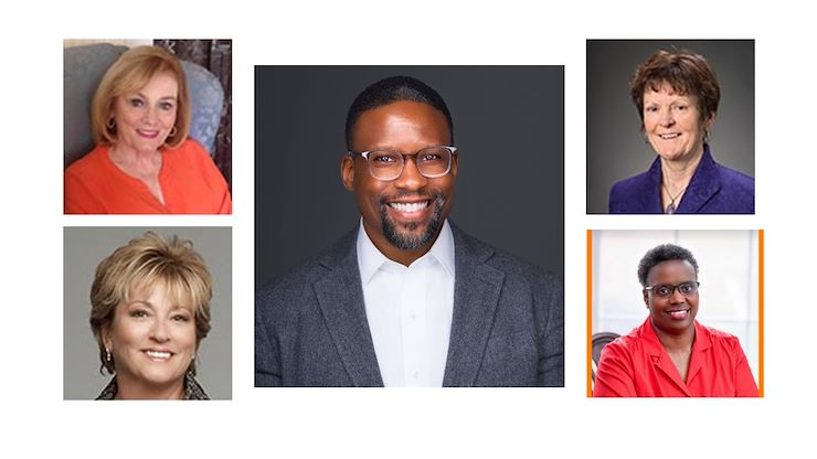 The new officers for Montgomery County Community College's Board of Trustees are Donald Lyons as Chair (center), Eleanor M. Dezzi as Vice Chair (top left), Lisa B. Binder as Treasurer (lower left), Dr. Theresa M. Reilly as Secretary (top right), and Katherine D. Carter as Assistant Secretary (lower right).