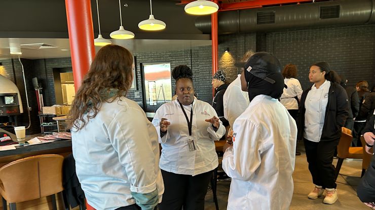 Montgomery County Community College Chef Shayla Felton-Dorsey speaks to high school students during Hospitality Institute Industry Day at MCCC’s Blue Bell Campus. Photo by Eric Devlin