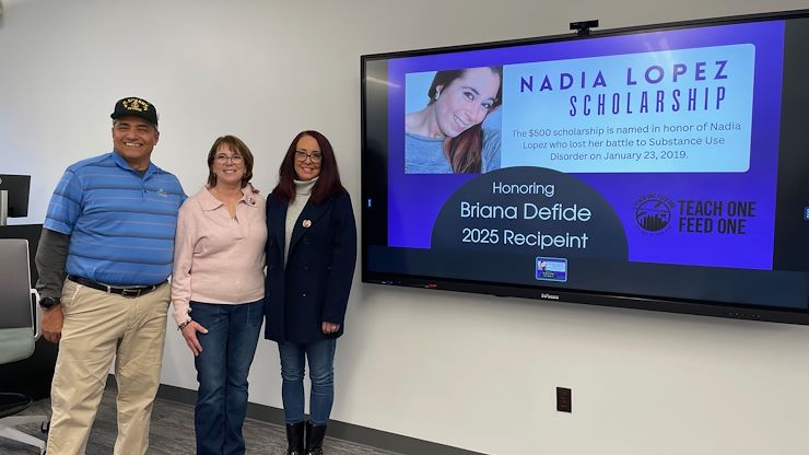 Julie and Domingo Lopez present the Nadia Lopez Scholarship to Briana Defide. Julie Lopez, who retired from Montgomery County Community College in December 2024, wants to help students in recovery and dispel the stigma surrounding addiction. Photos by Diane Van Dyke