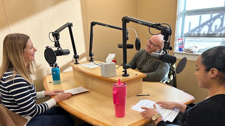 Assistant Dean of Academic Affairs at Pottstown Campus and "Montco on the Move" podcast host Dr. Jared Brown sits in studio with Wellness Center Director Dr. Nichole Kang and Wellness Center Manager Ally Arthur. Photo by Eric Devlin