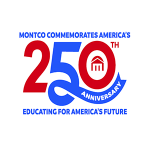 Montco 250th anniversary commemoration logo in red and blue letter