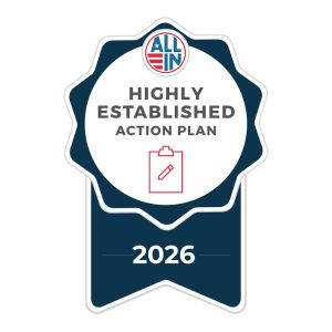 The logo for the Highly Established Action Plan Seal All In Campus Democracy Challenge. 