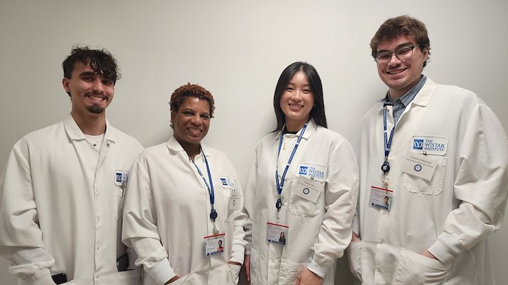 Montgomery County Community College Biotechnology Program students from left Maximilian Torres, Tracey Woodard, Kaitlyn Bui and Connor Patterson, participated in the Wistar Institute’s Biomedical Technician Training Program. Photo by Dr. Margaret Bryans