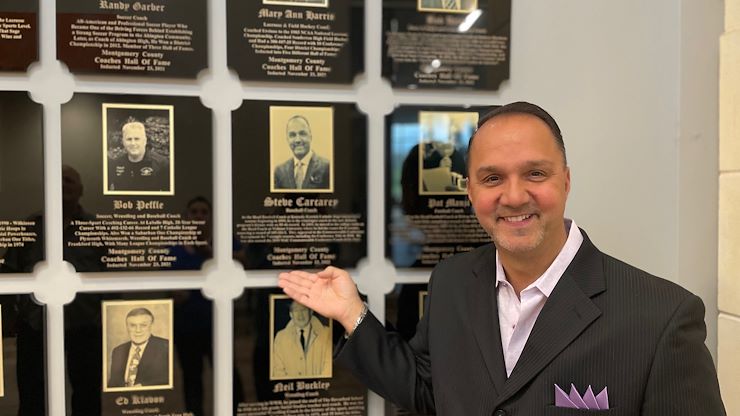 Alumnus Steve Carcarey '91 was inducted into the 2022 Montgomery County Coaches Hall of Fame. The prestigious coaches tribute is displayed at Montgomery County Community College's Health Sciences Center on its Blue Bell Campus. Photos by Diane VanDyke