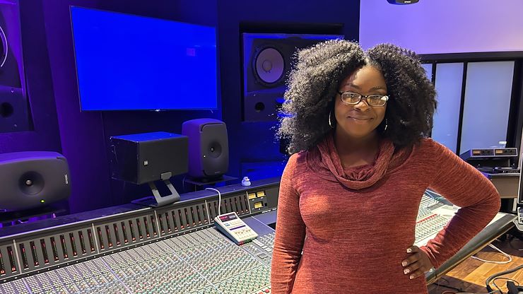 Montgomery County Community College alumna Blessing Osazuwa, ’20, stands in the Mix Room on the Blue Bell Campus. The music major transferred to Columbia University in 2020. Photo by Eric Devlin