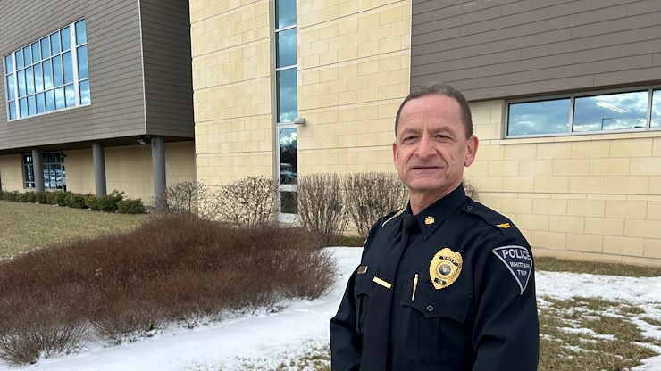 Whitpain Township Police Chief Kenneth Lawson, ’82, stands outside the Health Sciences Center on the Blue Bell Campus of Montgomery County Community College. Lawson credits his education at MCCC for his success in his career as a police officer. Photo by Eric Devlin